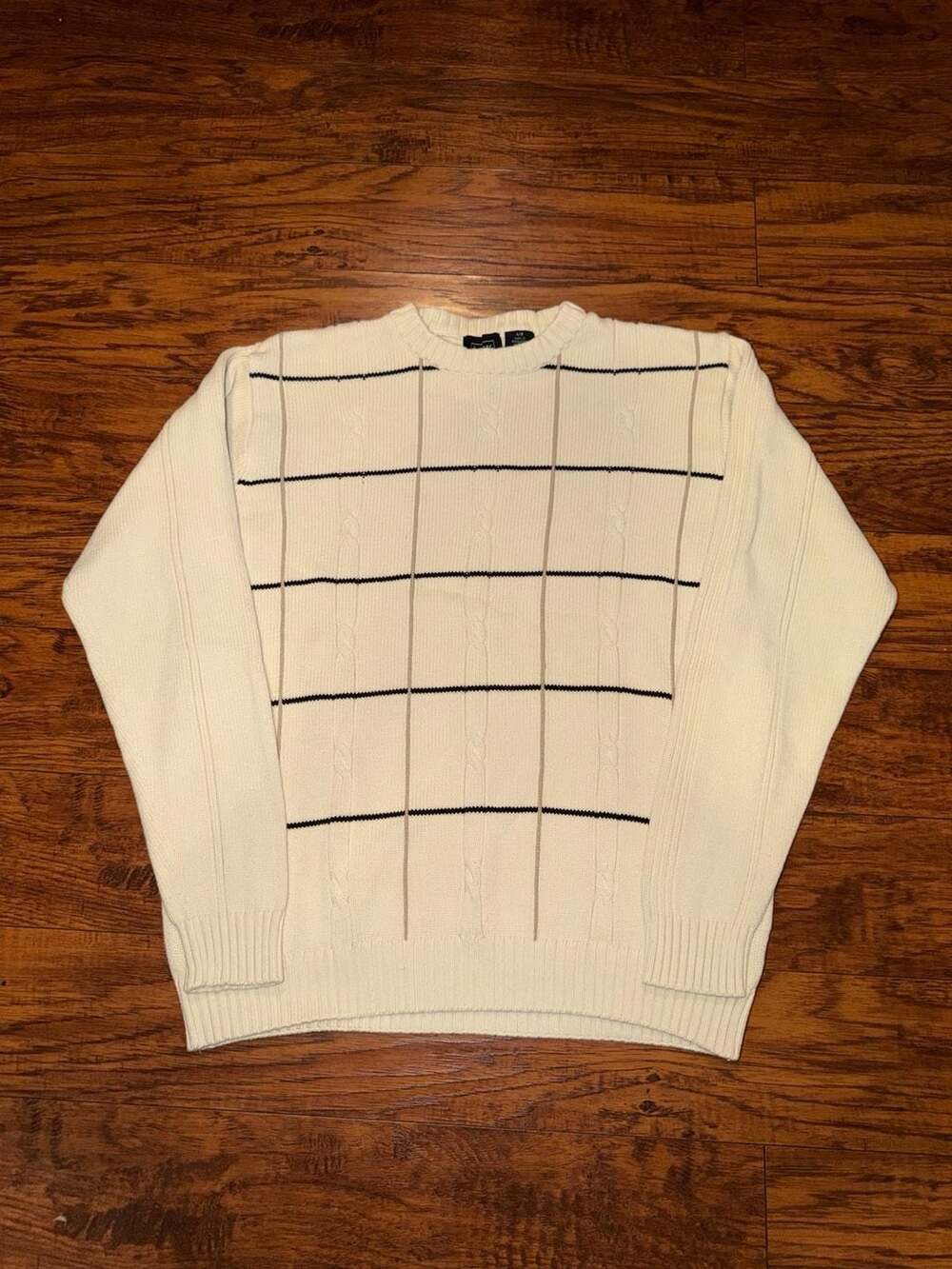 Haggar Vintage Cream Cable Knit Crewneck Sweater with Black Stripes Size L